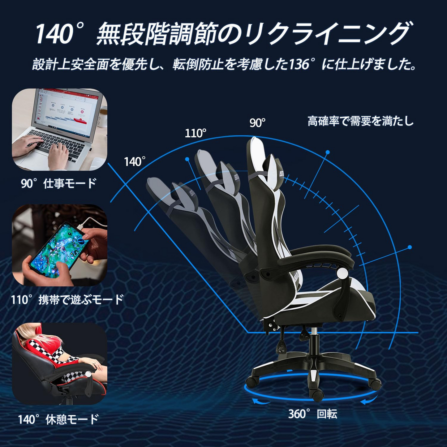 ゲーミングチェア gaming chair デスクチェア 高耐久PUレザー 140度リクライニング 在宅 リモート (ブラック)03