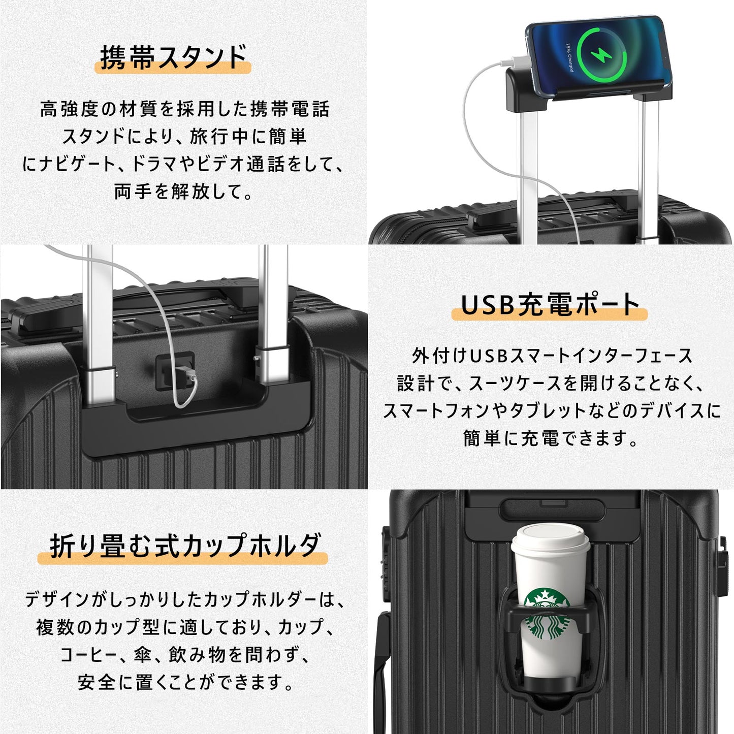 スーツケース 機内持ち込み キャリーケース USBポート付き キャリーバッグ カップホルダー付き 隠しフック機能 多機能 大型 超軽量 静音 ダブルキャスター 耐衝撃 360度回転 軽量 ビジネス 修学 泊まる 旅行 出張 /(機内持込/Sサイズ（1-3泊）Mサイズ (4～6泊))14