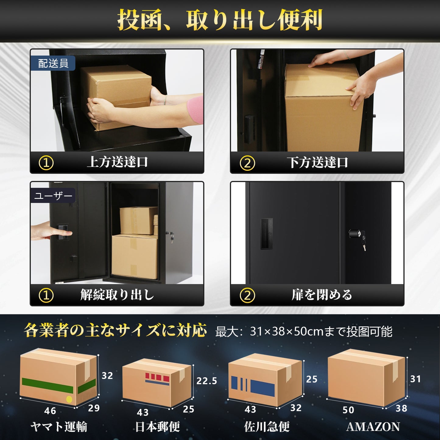 宅配ボックス 屋外 大型 150L大容量 防水 ポスト一体型 宅配BOX 組み立て不要 鍵付き 複数投函 置き配 盗難防止 戸建て用 案内ステッカー付き