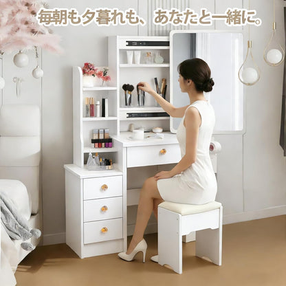 [GAMXTRM] ドレッサー コンパクト サイズ 130*80*36cm 鏡台 姫系 可愛い化粧台 4段引き出し 大容量収納 メイク台 スツール付き オーク色 GAM-918-SZT