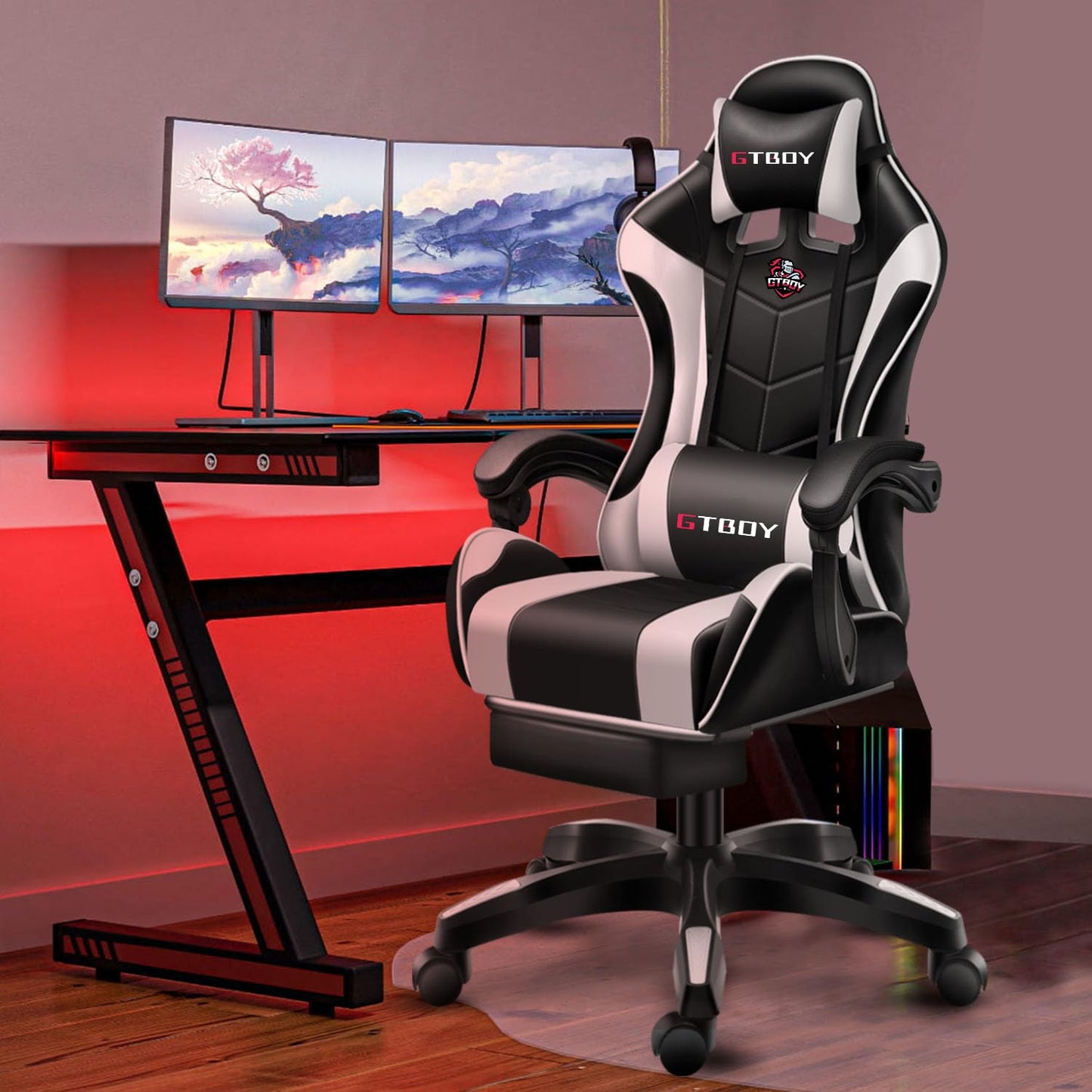 PikPokゲーミングチェア gaming chair デスクチェア 高耐久PUレザー 140度リクライニング 在宅 リモート (2025, 黒白)