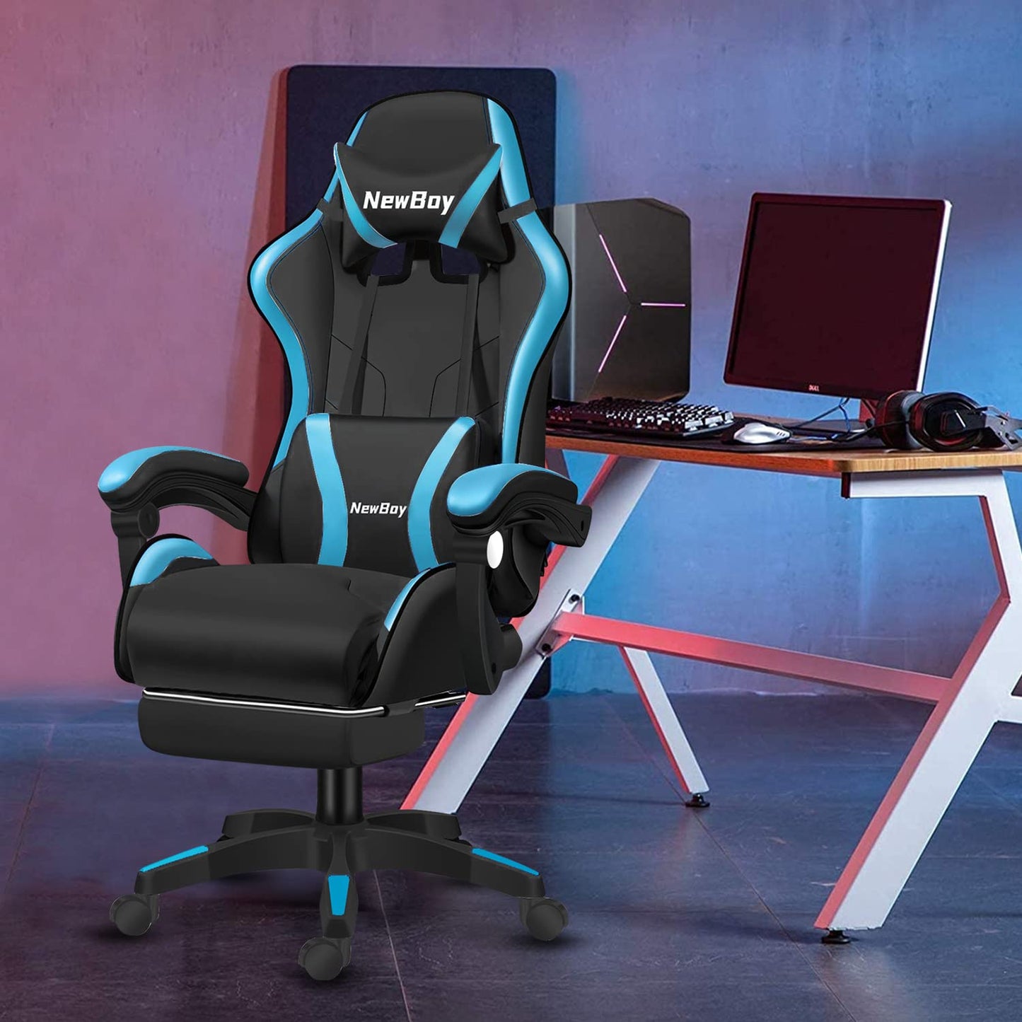 PikPok ゲーミングチェア pcチェア 椅子 デスクチェア ゲーム用チェア リクライニング パソコンチェア ハイバック ヘッドレスト ランバーサポート ひじ掛け付き 高さ調整機能 PUレザー（黒と青 08）