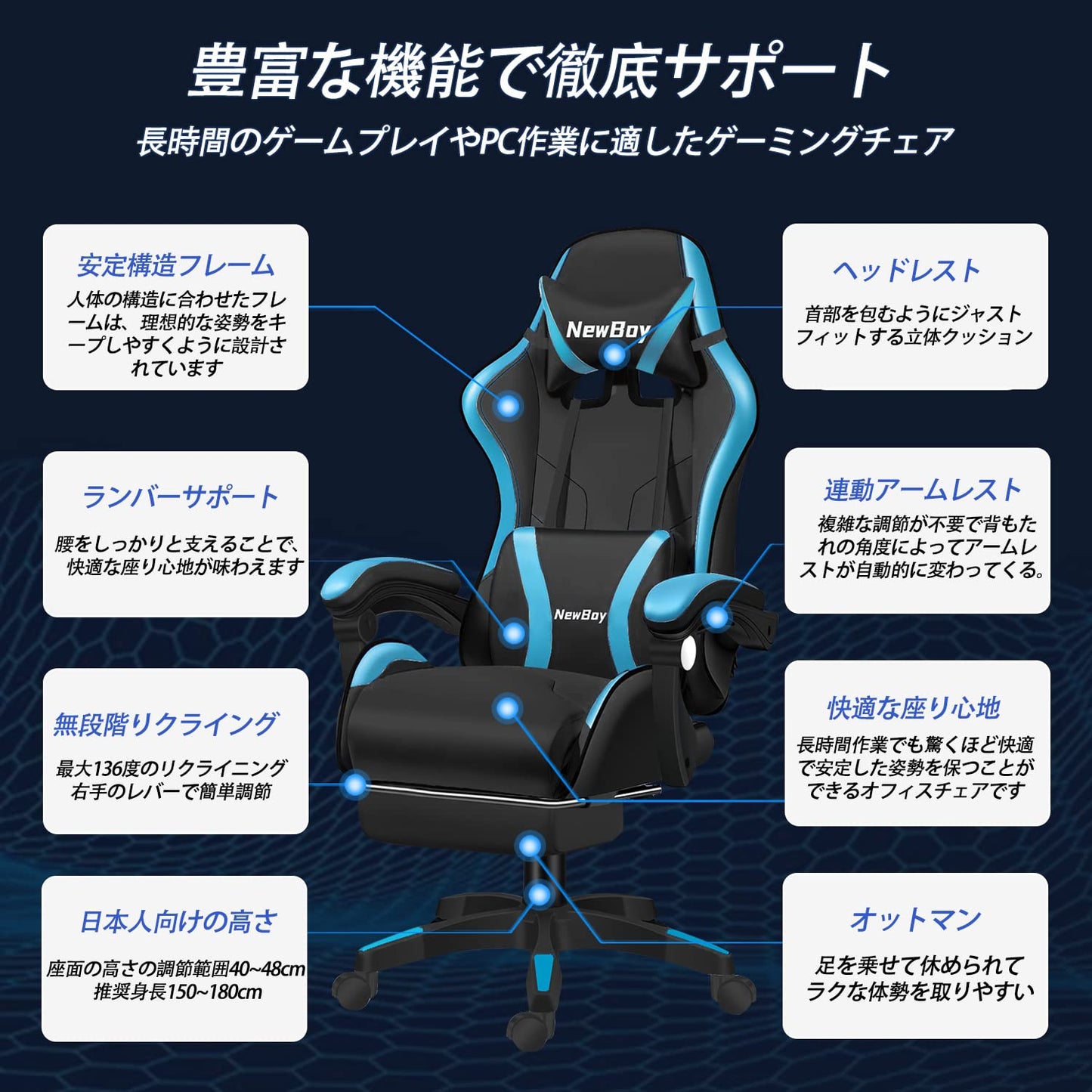 PikPok ゲーミングチェア pcチェア 椅子 デスクチェア ゲーム用チェア リクライニング パソコンチェア ハイバック ヘッドレスト ランバーサポート ひじ掛け付き 高さ調整機能 PUレザー（黒と青 08）